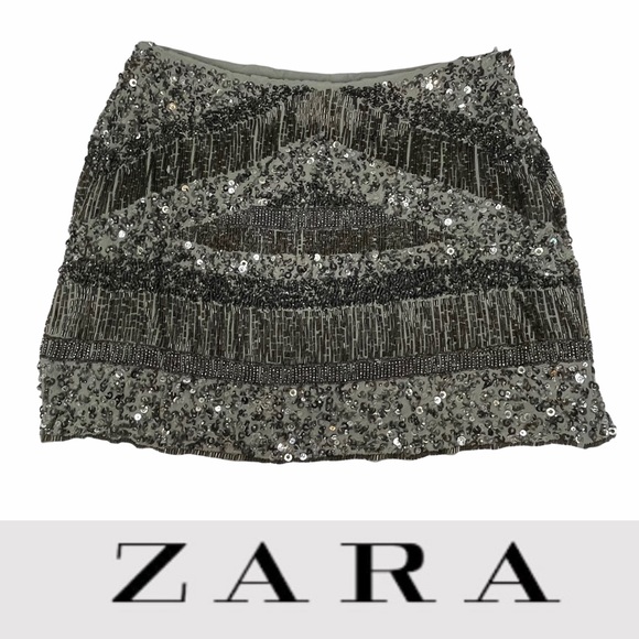 Zara Dresses & Skirts - NWT Zara GraySilver Sequin Beaded Mini Skirt M